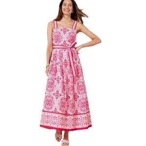 TALBOTS Tie waist Maxi Dress Elegant Size 4 Floral Pink Red Coastal Wedding